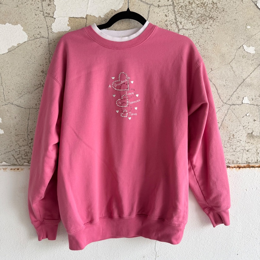 Vintage Grandma Sweatshirt Heart Rhinestone Double Collar Pullover Large